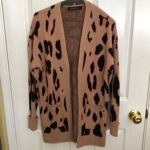 Leopard print cardigan with pink, tan and black